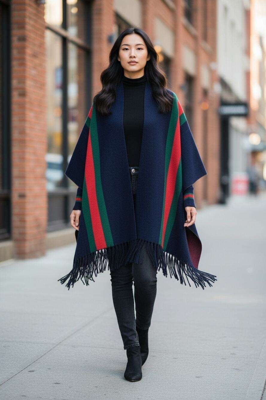 Classic Web Stripe Knit Poncho Cape with Cuffed Sleeves & Fringe Size: OS